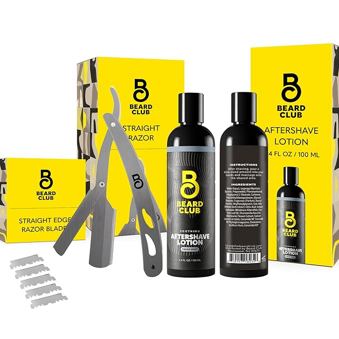 Beard Club Straight Razor for Men & Aftershave for Men – Soothing After Shave Lotion & Navajas Para Barbero - Barber Straight Edge Razor Kit with Post Shave Balm Calms Irritation, 5 Blades - Gift Kit