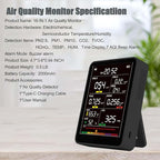 Professional Indoor Air Quality Monitor with AQI Alarms, Portable Real-Time Detector for Home Cars Plants and Pets (Black)