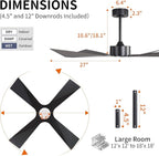 WINGBO 54" Wet Rated Outdoor Ceiling Fan with Lights, 4 ABS Plastic Blades, Reversible DC Motor, 6-Speed Remote Control, 3 CCT, Waterproof Ceiling Fan for Patio Porch Gazebo Garage, Matte Black