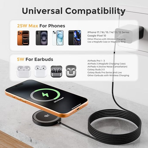 25W Magnetic Wireless Charging Pad: Qi2.2 Qi2 MagSafe Fast Charger for Google Pixel 10 iPhone 17 16 Pro Max 16e 15 14 13 12 AirPods & Samsung Galaxy Series Gift Ideal for Desk & Travel (Black, 1Pack)