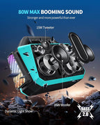TPWIN Powerful 80W Outdoor Bluetooth Speaker: IPX6 Waterproof, Rugged, 20H Playtime, Deep Bass, Lightshow, TWS, BT 5.3 Wireless, Portable for Travel Hiking Camping Beach Pool - Teal