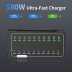 580W USB Charging Station, 20 Port (10 PD+10 QC) USB C Charger Block, Fast Charging Station for Multiple Devices with Smart Power Delivery for iPhone, iPad, Tablet and More