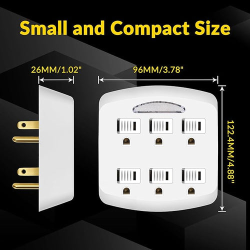 6-Outlet Extender, 3-Prong Ground Wall Tap Adapter with Safety Cap & LED Guide Light, Cruise Essentials, Multiple Plug Electrical Outlets Splitter for Home, Office, Dorm Room, ETL Listed, White