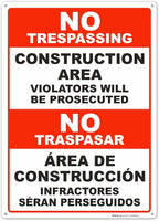 Brimar - 10" x 14" - Bilingual Construction Area Violators Will Be Prosecuted Sign - .055″ Polyethylene Plastic - Bold Text And Symbol - Easy Installation