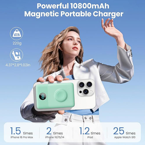 6 in 1 Magnetic Portable Charger for iPhone with Built-in Cables, 10800mAh 25W PD Fast Charging Power Bank, 6 Outputs Travel Essential Battery Pack for iPhone 17/16/15/14/13/12,Apple Watch (Green)