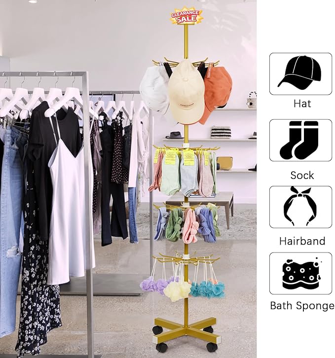 Exttlliy Retail Display Stand 5 Tier Metal Spinning Display Rack with Wheels Keychain Jewelry Stocking Hat Display Stand with Hooks for Malls, Showroom, Retail Store (Gold)