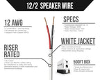 Voltive 12/2 Speaker Wire, Riser CL3R, White, 500ft - 12AWG, 2 Conductors, Stranded Oxygen-Free Copper, UL Listed - V-1267-2