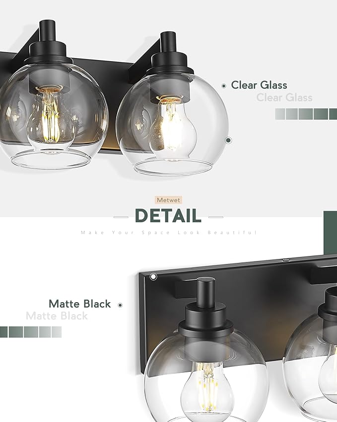 METWET Bathroom Light Fixtures, 5 Light Matte Black Vanity Light, 32 Inch Modern Wall Sconces with Globe Clear Glass Shade, Vanity Lighting Fixtures Over Mirror, VL195-MB-CL-5