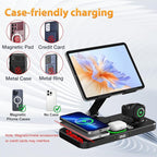 30W Charging Station for Apple Products, Foldable Wireless Charger with Clock Display&7 Color Light, Wired Charging for iPad/Tablet Charging Station for iPhone17, for Apple Watch11 for AirPods4(Black