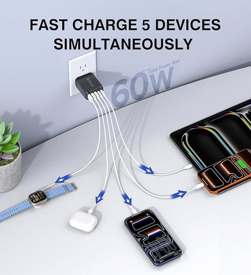 60W USB C Wall Charger Block, 2Pack 5-Port C Charger Fast Charging Block PD Power Adapter+QC 3.0 Multiport Type C Box Brick Cube USB A Wall Plug for iPhone 15/16/17 Pro Max Plus, iPad,Galaxy S24/S23