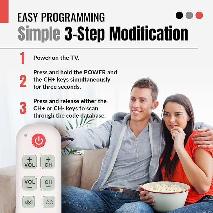 Anderic RR1004 Big Button TV Remote Control – Senior Friendly, Easy-to-use with Glow Keys, Simple Layout – Ideal for Elderly Care & Assisted Living – Compatible with Most IR TVs - White - 2 Pack