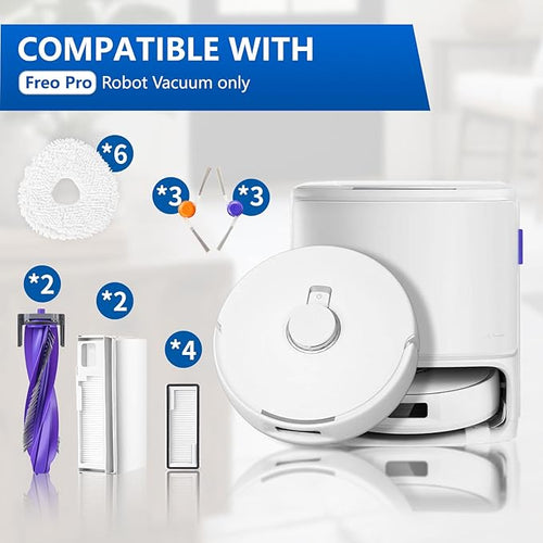 20 Pcs Replacement Vacuum Accessories kit Compatible with Narwal Freo Pro Robot Vacuum Cleaner, 2 Main Roller Brush, 2 Dust Bags, 4 HEPA Filters, 6 Mop Pads, 6 Side Brush 1 Clean Brush