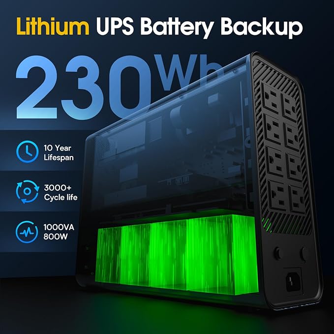 GOLDENMATE 1000VA/800W Lithium UPS Battery Backup and Surge Protector, Sinewave UPS System with LiFePO4 Battery(230Wh), Updated Pro Ver. with USB Communication Port, 8 Outlets, LCD Display, Gray