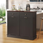 Tilt Out Trash Can Cabinet Dog Proof with Double Wood Hidden Trash Can Holder, Kitchen Free Standing Recycling Cabinet（Black）