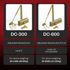 PrimeWare DC-600 Automatic Adjustable Door Closers for Home | Soft Close, No Slam | Residential and Commercial Door Closer | Level 1-6 | for Doors Weighing 30-300 lbs | Hydraulic Door Spring - Gold