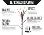 Voltive 18/4 Shielded Low Voltage Wire, Plenum CL3P, White, 500ft - 18AWG, 4 Conductors, Overall Shield, Stranded Bare Copper, UL Listed - V-1264-1