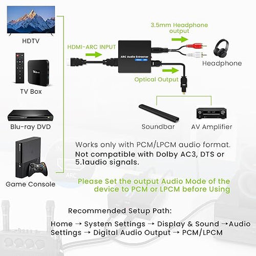 192KHz ARC Audio Extractor, HDMI ARC to Toslink/Optical+3.5mm AUX Output, HDMI to Optical Audio Adapter with Optical Cable, ARC to RCA Audio Converter for TV Amplifier Speaker/Soundbar/Headset