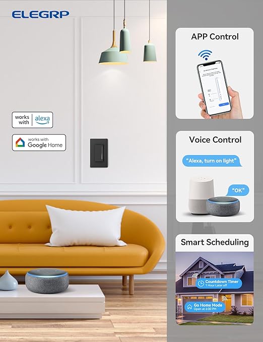ELEGRP Smart Dimmer Light Switch DTR30, Single Pole or 3 Way, 2.4GHz Wi-Fi Touch Dimmer Compatible with Alexa/Google Assistant, Needs Neutral Wire, No Hub Required, UL and FCC Listed, Black, 2 Pack