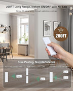 Wireless Remote Control Outlet, 200FT Long Range Remote Light Switch, Mini Remote Outlet Plug, 15A/1875W High-Power for Lamps, Lights, Household Appliances, FCC & ETL Listed (5 Outlets + 2 Remotes)
