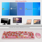 KOOTOP Cute Pink Wireless Keyboard and Mouse, 2.4G Retro Round Keycap for PC, Mac, Laptop, Tablet, Computer Windows