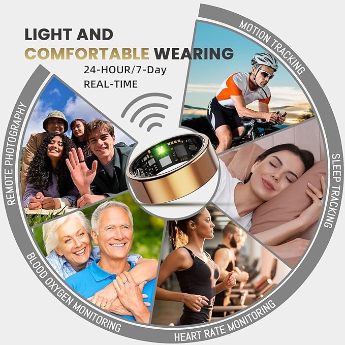Smart Ring For Women Men, Health Tracker with Heart Rate/Blood Oxygen/Blood Pressure/Sleep Monitoring/Step Counting, IP68 Waterproof Fitness ring, No App Fees for iPhone & Android (Rose Gold, 7#）