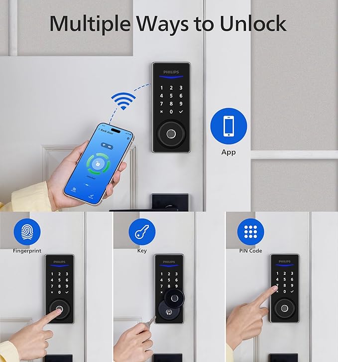 Philips Wi-Fi Smart Door Lock, Keyless Entry Door Lock with App Control,Fingerprint ID,Auto Lock,Keypad Deadbolt with Wi-Fi Bridge Adaptor,Smart Locks for Front Door-Satin Nickel