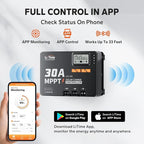 LiTime 30 Amp MPPT 12V/24V/Auto DC Input Solar Charge Controller Build-in Bluetooth Module, Parameter Adjustable LCD Display LED Indicators Solar Panel