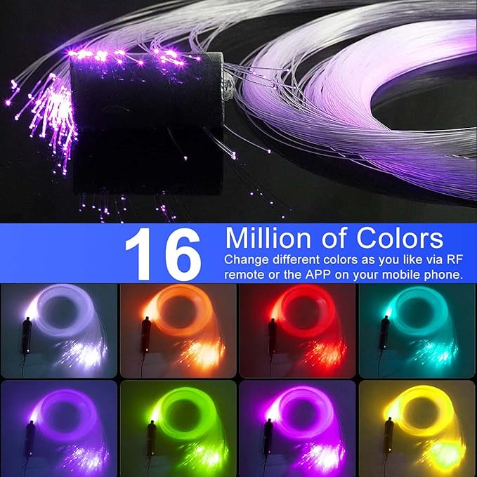 AZIMOM Car Use Bluetooth 6W RGBW LED Fiber Optic Lights Star Ceiling Light Kit APP Remote Control Mixed 430pcs 9.8ft Fiber Cable Music Mode Sensory Lighting Indoor Home Interior Decoration