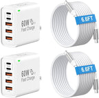 2Pack USB C Fast Charger Block, Total 60W 5-Port USB C Wall Charger with 6.6FT USBC to USBC Cord, 2USB C+3USB A PD 3.0 Multiport Charging Cube for iPhone 17 16 15 Pro Max, G-alaxy S25 S24 Ultra, i Pad