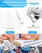 eSynic Comfortable Head Magnifier with Light Storage Case Rechargeable 1X-14X 5 Acrylic Lenses Double Lens Design Adjustable Headband Magnifying Glass for Reading Crafts Jewelry Repair Close Work