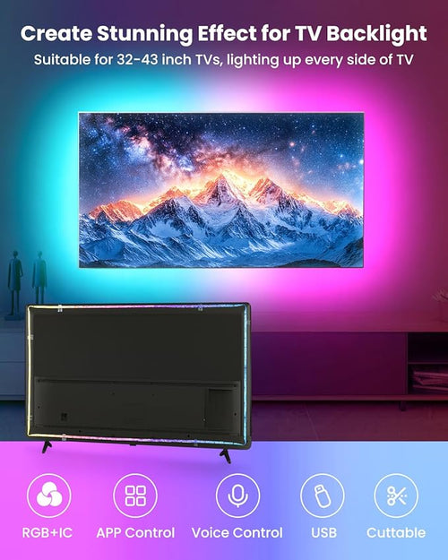 26.25ft RGB+IC LED Strip Lights for 75-100 Inch TV, Backlight Behind TV with Music Sync, Bluetooth APP & Voice Control, 44 Scene Modes, Ambient Lighting for Gaming, Bedroom, Living Room, Mood Lighting