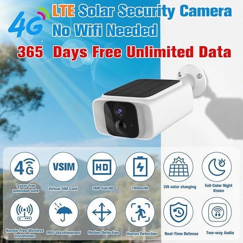 4G LTE Cellular Solar Security Camera Outdoor,365 Days Free Unlimited Data,Tuya Smart Camera,2K Outdoor Surveillance,Color Night Vision, AI PIR Motion Sensor,No WiFi Security Camera ,64GB Storage