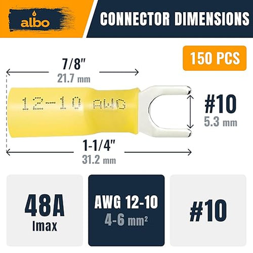 150PCS Yellow Heat Shrink Fork Spade Connectors #10 – 12-10 AWG Tinned Copper Terminals, Waterproof Wire Crimp Kit for Automotive, Marine, Speaker & Electrical Wiring