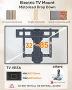 WHYFONE Motorized TV Mount with Remote for 32 to 85 inch Screen up to 88 lbs, Electric TV Mount Drop Down 17.7” Height-Adjustable on Fireplace, Max VESA 600x400mm, 8-16" Wood Stud/Brick/Concrete Wall