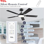 TCL Ceiling Fans with Lights, 52 Inch Ceiling Fan with Light and Remote Control, Reversible DC Motor, Noiseless, Dimmable 36W LED, Modern Ceiling Fan for Bedroom Living Room (Black)