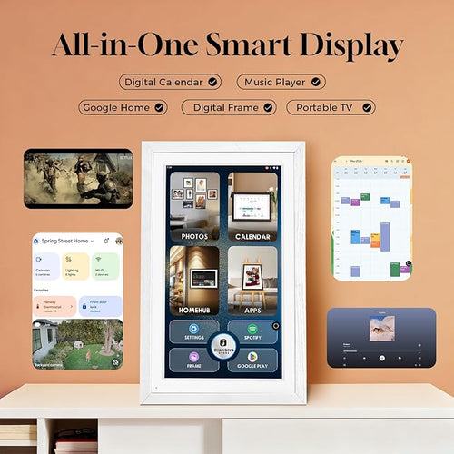 15.6" Digital Google Calendar+Pen,No Subscription|All-in-one Smart Display:Photo Frame,Google Play Apps,Voice Assistant,Home Hub,Streaming|Built-in Battery|Wall&Desk|Anti-Glare Touchscreen|White Wood