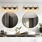 FDPBY Modern Bathroom Vanity Light, 4-Light Black Gold Wall Sconce with Crystal Accents, Over Mirror Bathroom Lighting Fixture, 32.67" Long Dimmable Vanity Lamp for Makeup, Easy Installation