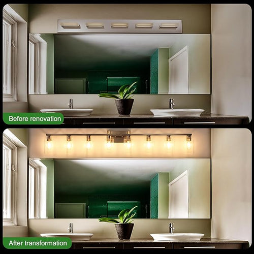 8-Light Brushed Nickel Vanity Light Fixtures,Modern Large Bathroom Light Fixtures Wiht Clear Glass ShadeRust and Moisture Resistant Easy to Install Vanity Lights for bathroom lights over mirror