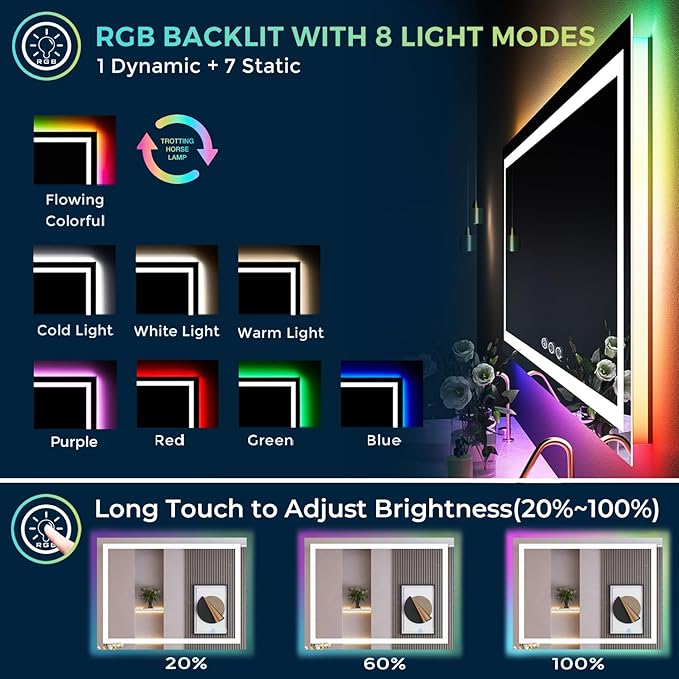 YEELAIT 48x36 Inch RGB LED Bathroom Mirror Front Light and RGB Backlit Lighted Vanity Mirror for Bathroom Wall Mounted Dimmable Anti Fog Memory Shatter-Proof IP54 Waterproof Horizontal/Vertical