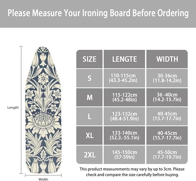 ZCFYGDX William Morris Art Floral Ironing Board Cover Decor, Resist Scorching & Staining, Easy Install Resistant Elastic Edges,3 Nylon Buckle Fasteners Straps,Relaxing Breathable Ironing Experience S