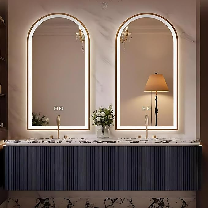 Bathroom Vanity with Double Sinks - LED Smart Defogging Mirror & Equipped with Tissue Hole | Modern Double Sink Bathroom Cabinet, 2 Drawers & Wavy Panel, Dark Blue (Mirror, 64IN)
