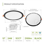 ASD 1 Pack 11/12 Inch LED Recessed Lighting 24W, 5 CCT 2700K-5000K CRI90+, IC Rated Ultra Thin Dimmable Ceiling Lights with J Box, Canless Wafer Downlight, Round Slim Panel Light, UL Listed, Black