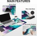 Britimes Teal and Purple Liquid Marbling Keyboard Mouse Pad Set 4in1 Large Mousepad+Keyboard Wrist Rest+Mouse Wrist Rest+Coaster Set with Ergonomic Design for Home Office Computer 35.4x15.7 inches