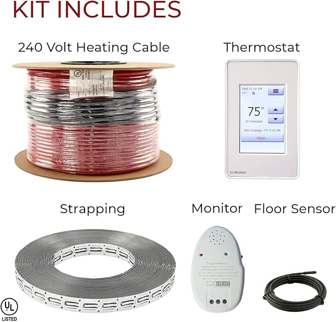 LuxHeat 200sqft Floor Heating Cable Kit - 240v Infloor Heat Kit for Tile - Heated Flooring System Includes UDG4 Programmable Thermostat w/GFCI, Heating Cable, Strapping, Floor Sensor & Alarm