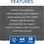 OREI 4K HDMI Extender Balun UltraHD 4K @ 60Hz 4:4:4 Over Single CAT6/7 Cable with HDR & IR Control-Ethernet Up to 165 ft- Power Over Cable (UHD-IPC165-K)