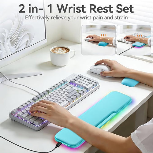 2-in-1 Heated Wrist Rest Set, Ergonomic Memory Wrist Pad with RGB Lights and Non-Slip Base, Keyboard Mouse Wrist Rest for Computer Laptop Office Work and PC Gaming
