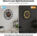 Casaformia 30'' Large Silent Wall Clock with Night Light, Glow in The Dark Decorative Wall Clock Battery Operated, Rustic Modern Metal & Wood Clocks for Bedroom Living Room Decor, Arabic Numerals