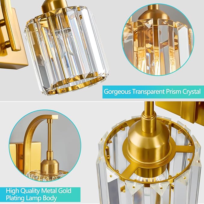 FDPBY 3-Light Crystal Vanity Light, Modern Gold Bathroom Wall Sconce with K9 Crystal Shades, 23.62" Long Over Mirror Lighting for Vanity, Makeup, Hallway, Elegant & Durable
