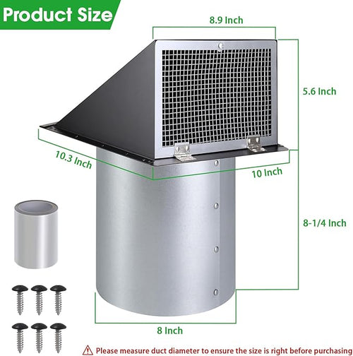 8 inch Hooded Wall Vent with Screen and Damper,Wall Vent Cover Exhaust Vent Outdoor Wall Cap Exterior Air Vent Cover for Kitchen Range Hood HVAC Duct Dryer Ventilation,Galvanized Steel,Black