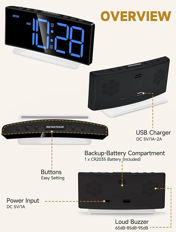 Cadmos Extra Loud Alarm Clock for Heavy Sleepers Adults,Teens,Kids,Rainbow Clock for Bedrooms,Small Bedside Digital Clock with Large Display,7 Color Night Light,12/24h(Black+Dynamic)